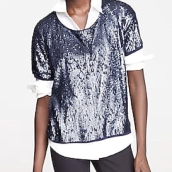 J. Crew Slouchy Sequin Metallic Oversized Navy Tee Holiday Night Out Size Small - Picture 12 of 12